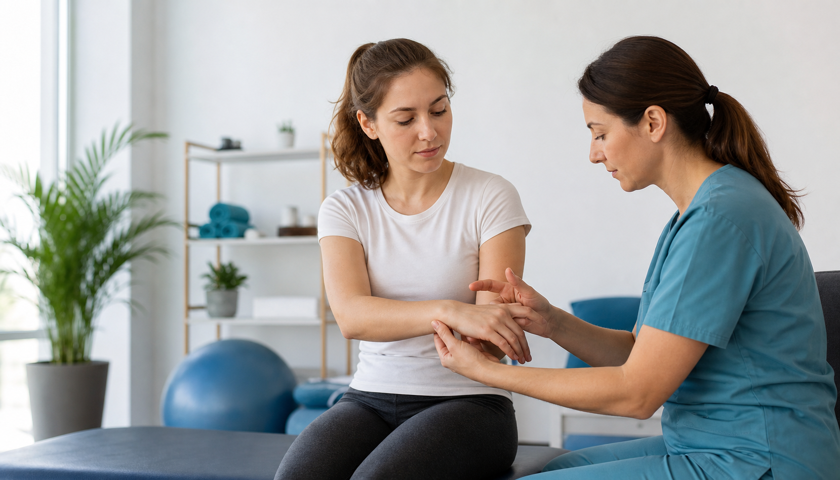 A physiotherapist assessing a patient’s hand and wrist mobility